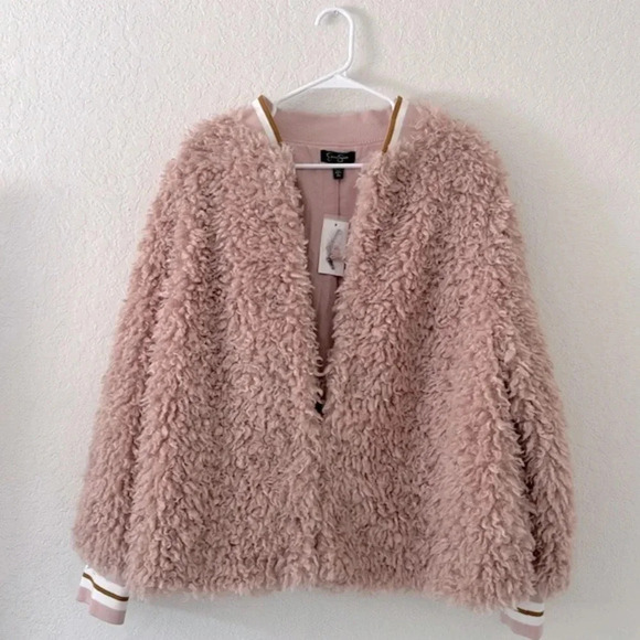 New Faux fur jacket Jessica Simpson 1X lined rose smoke jacket hook eye closure - Picture 1 of 11